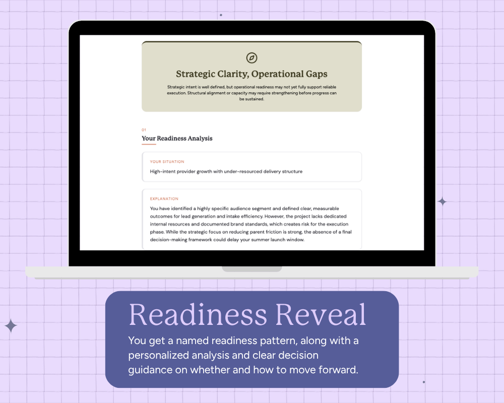 Website redesign readiness pattern result showing Strategic Clarity Operational Gaps analysis